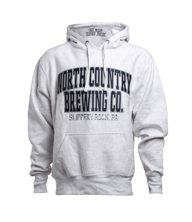 Stay warm in our Grey with Black text with “Farm-Eat-Drink-Repeat” on the hood. North County Brewing Premium Hoodie.